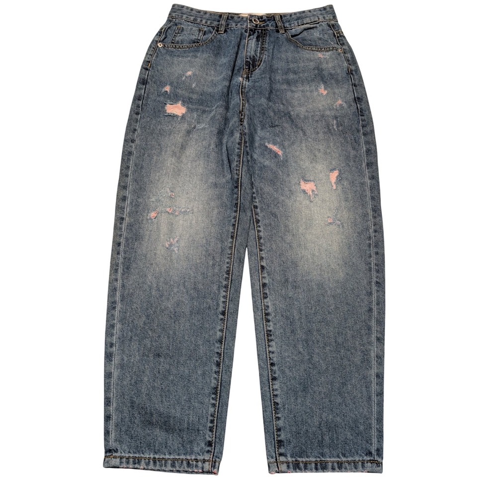 Women's Jeans 29 Blue Pink‎ Distressed Straight Gothic Cross Streetwear Fashion